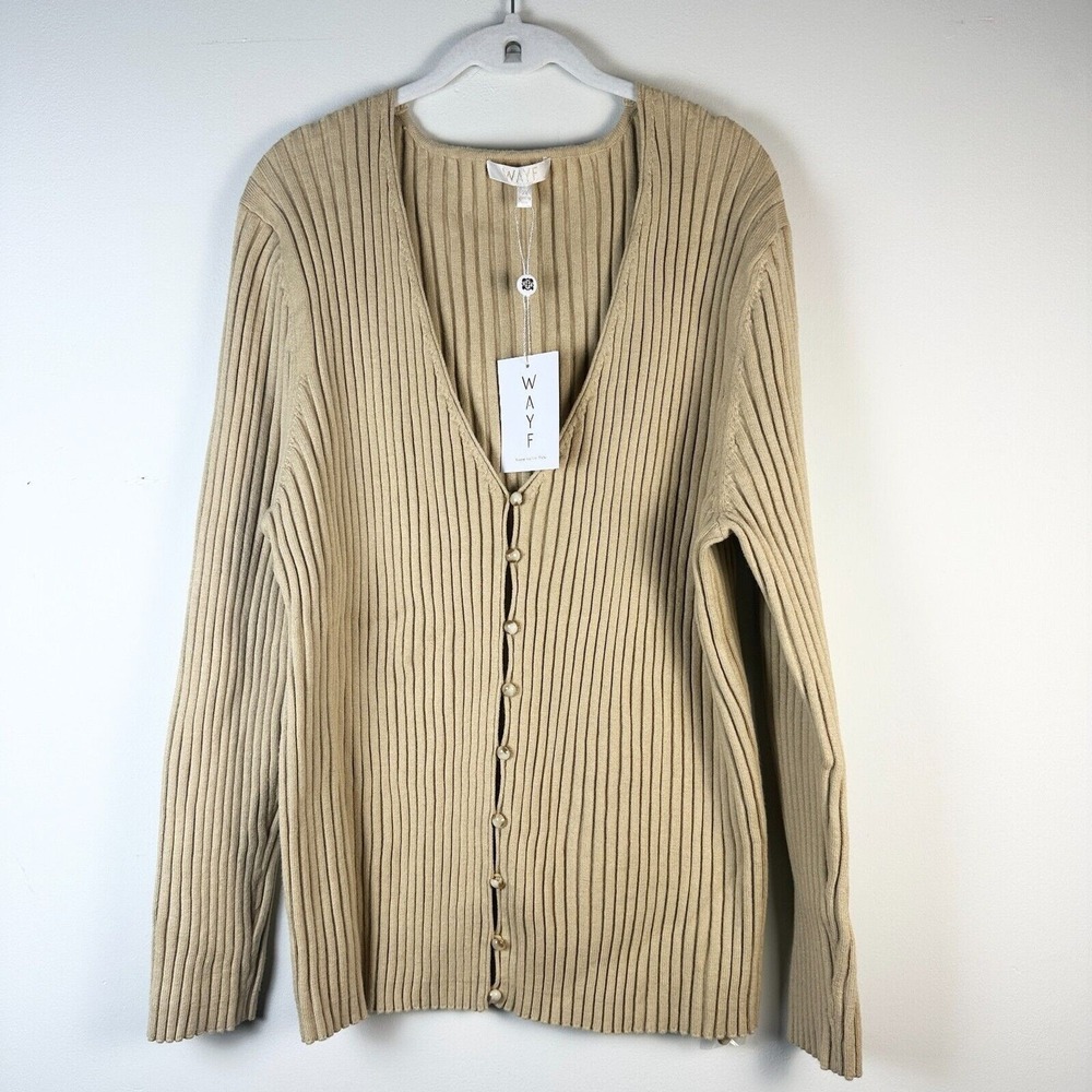 WAYF Cardigan Women 2X Plus Beige Frenchie Ribbed Knit Sweater V-Neck Preppy NWT